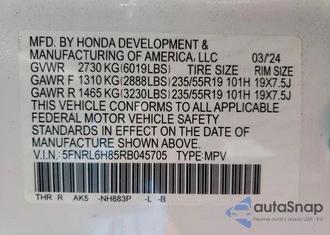 2024 Honda Odyssey Touring from USA, damaged, VIN 5FNRL6H85RB045705
